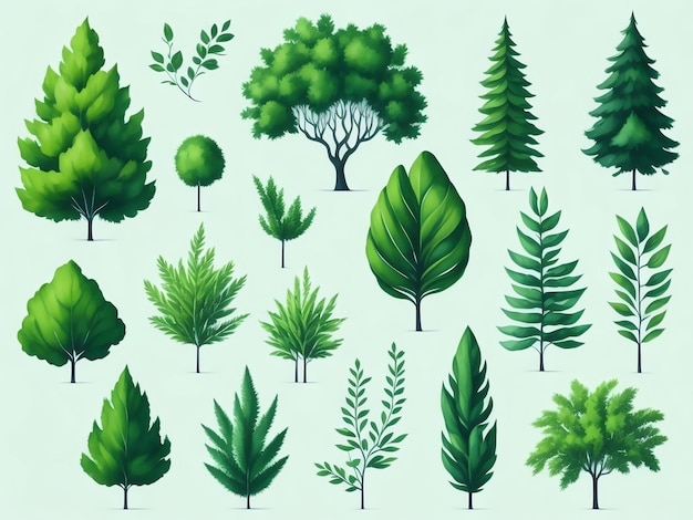 색 배경에 초록색 나무의 수채화 요소를 설정 Generative AI