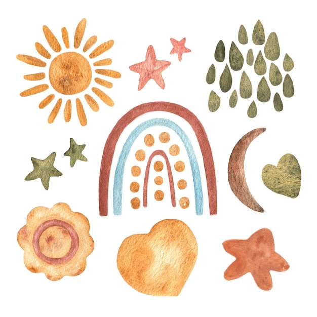 A set of watercolor elements of hearts rainbow rain sun moon in boho style