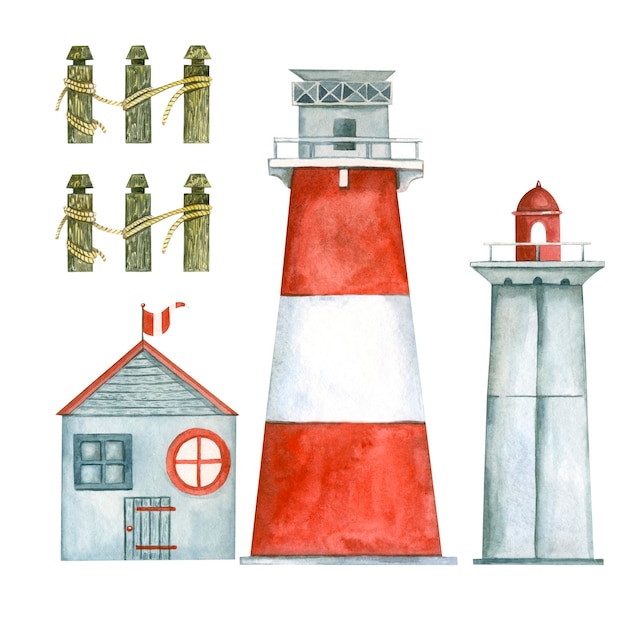 A set of watercolor elements a lighthouse a house on the seashore handpainted in watercolor