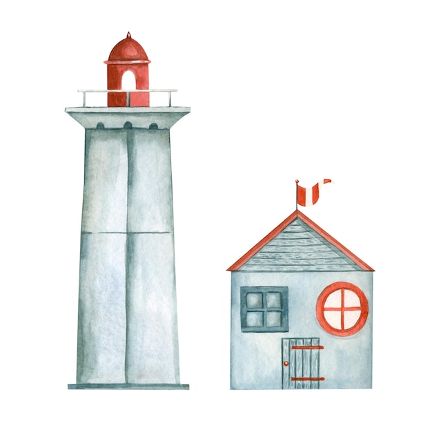 A set of watercolor elements a lighthouse a house on the seashore handpainted in watercolor.