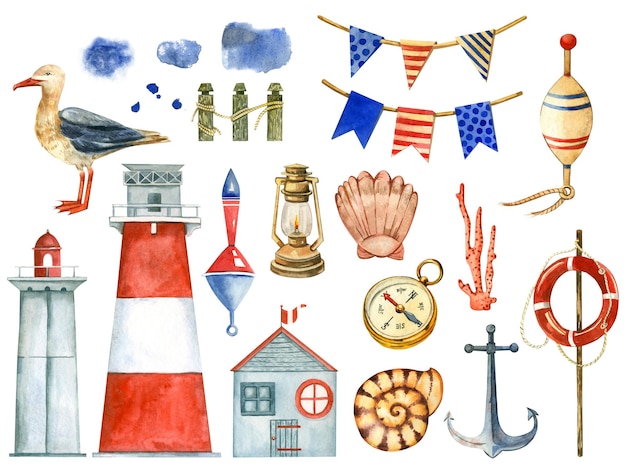 A set of watercolor elements on a marine theme seagull floats circle compass anchor lighthouses