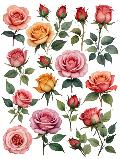 Photo set watercolor elements of roses collection