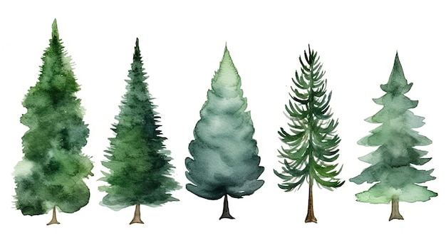 Set of watercolor fir tree generative ai