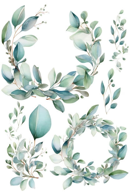 A set of watercolor floral elements with green leaves and branches with leaves.