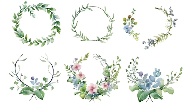 Set of watercolor floral illustrations DIY Blush Pink Blue Flowers Green Leaves Statement Element