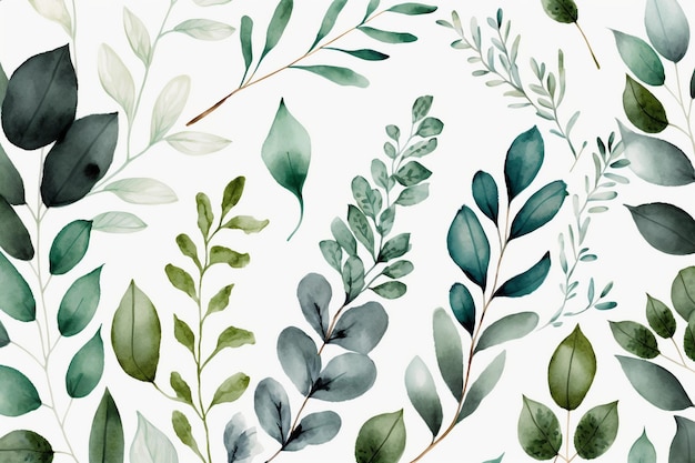 A set of watercolor floral seamless patterns with leaves.