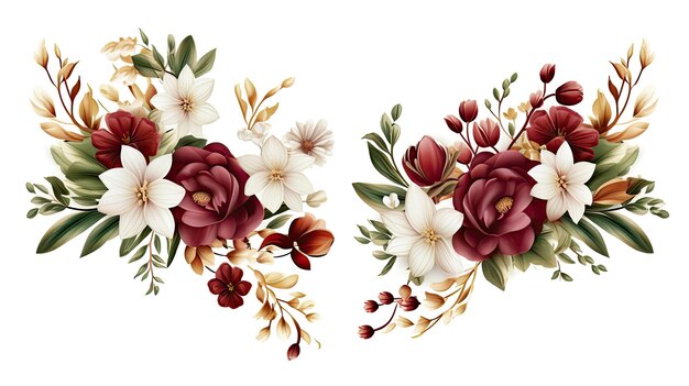 Set of watercolor flower arrangements flower maroon green leaves on white background