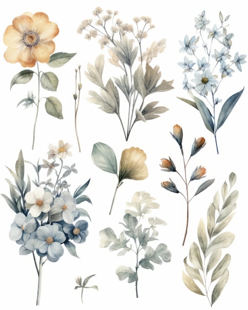Set of watercolor flowers Hand drawn illustration
