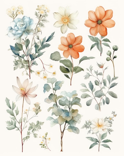 Набор акварельных цветов с ручной иллюстрацией