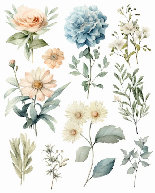 Набор акварельных цветов с ручной иллюстрацией
