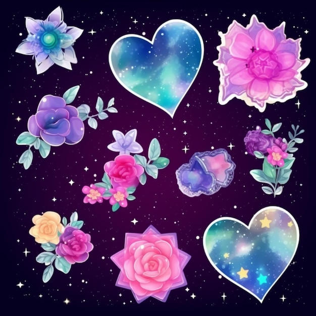 A set of watercolor flowers and hearts on a dark background generative ai