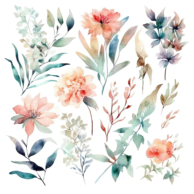 Set of watercolor flowers leaves and twigs on a white background