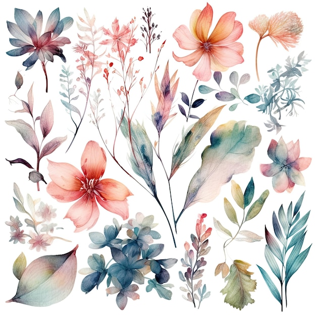 Photo set of watercolor flowers leaves and twigs on a white background