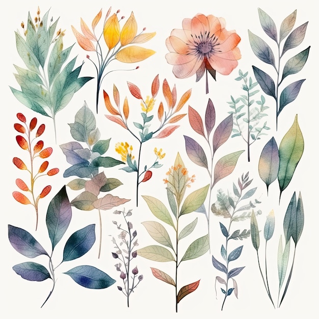 Set of watercolor flowers leaves and twigs on a white background