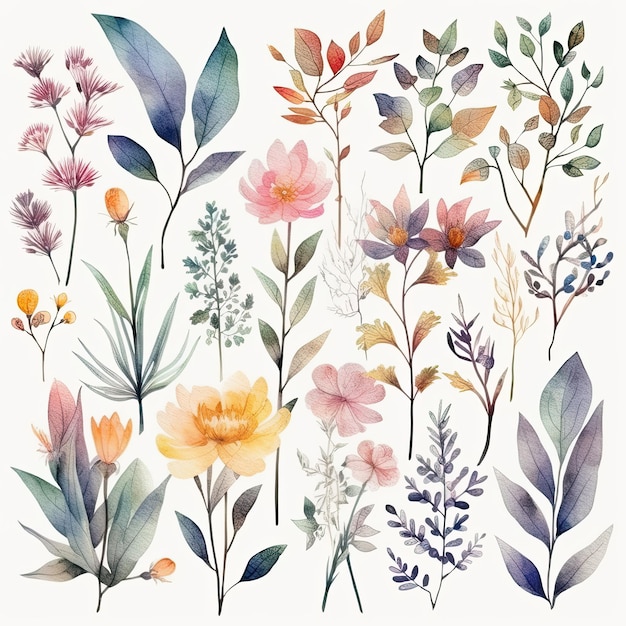 Set of watercolor flowers leaves and twigs on a white background