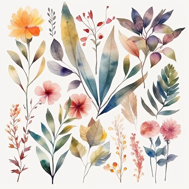 Set of watercolor flowers leaves and twigs on a white background