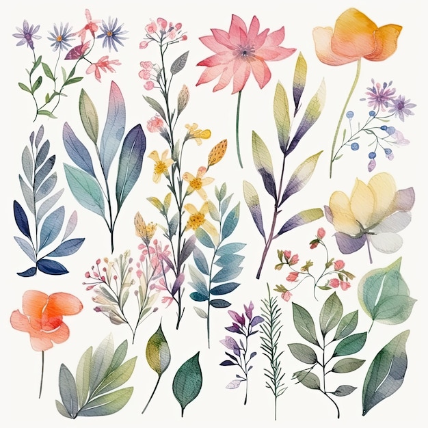 Set of watercolor flowers leaves and twigs on a white background