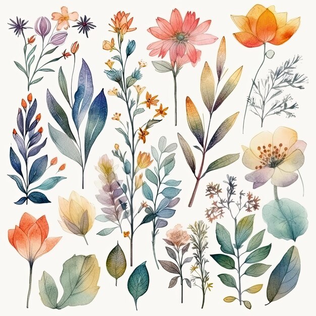 Set of watercolor flowers leaves and twigs on a white background