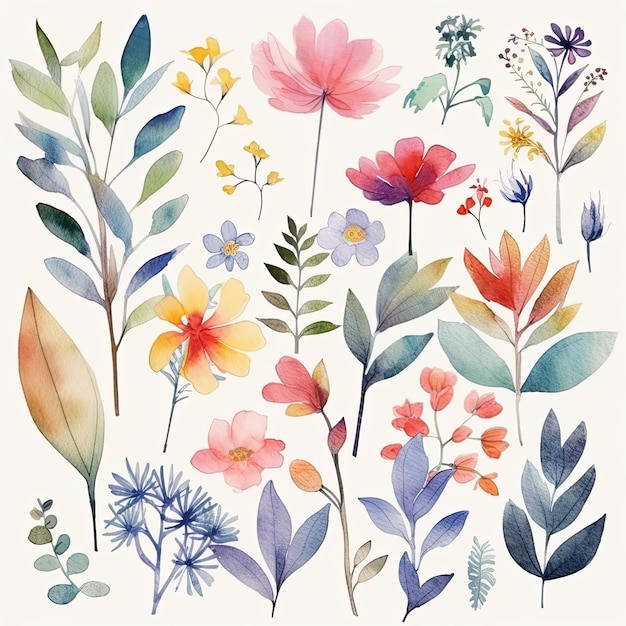 Set of watercolor flowers leaves and twigs on a white background