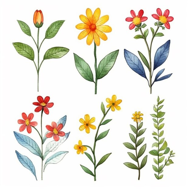 a set of watercolor flowers and leaves on a white background generative ai