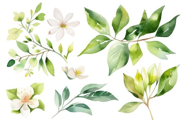 A set of watercolor flowers and leaves.