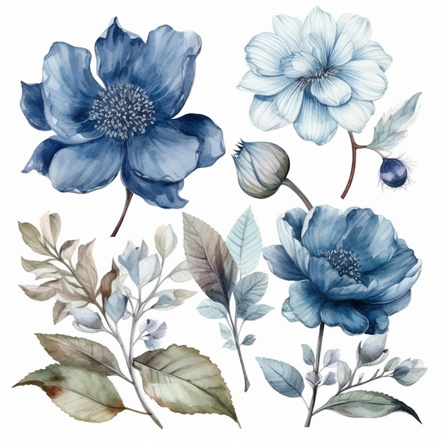 A set of watercolor flowers and leaves.