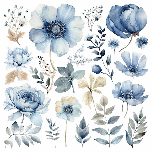 A set of watercolor flowers and plants