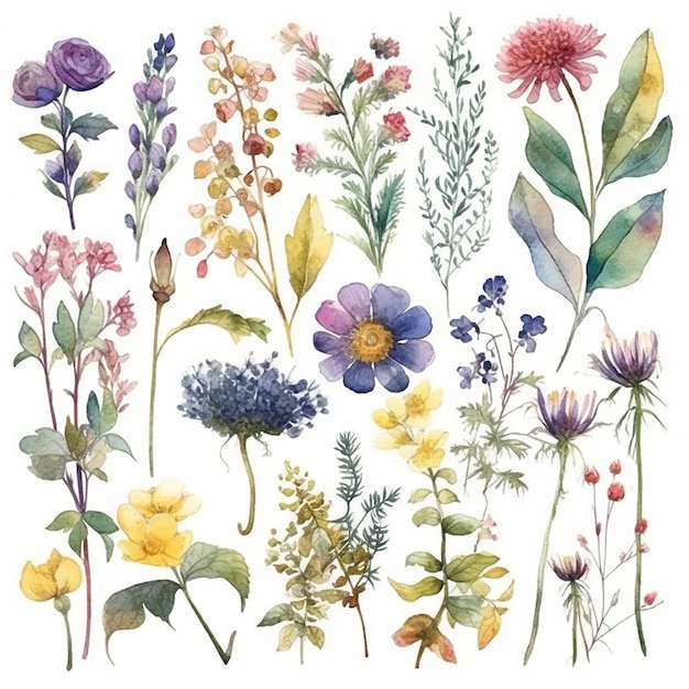 A set of watercolor flowers and plants