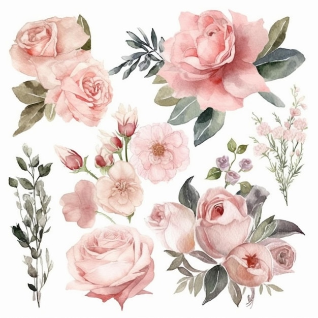 A set of watercolor flowers and plants.