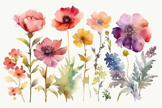 A set of watercolor flowers on a white background