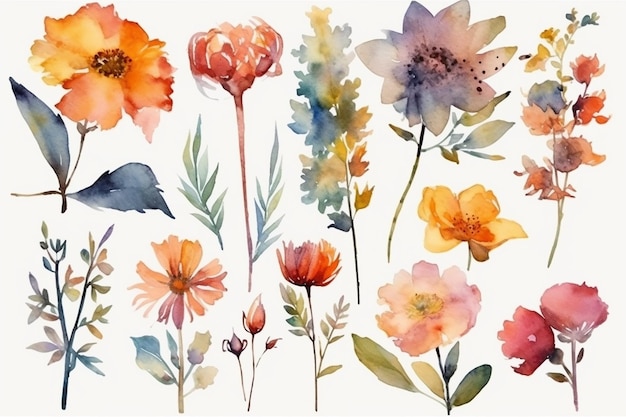 A set of watercolor flowers on a white background