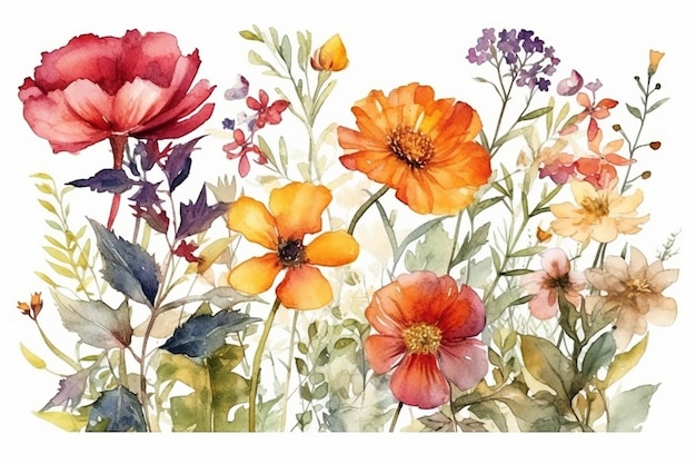 A set of watercolor flowers on a white background