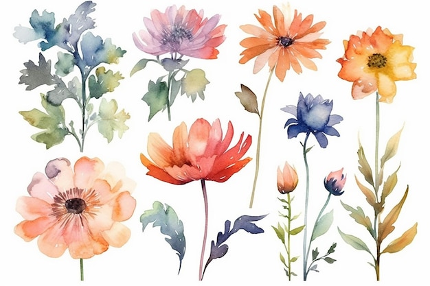 A set of watercolor flowers on a white background