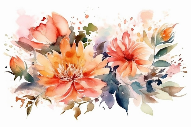 A set of watercolor flowers on a white background