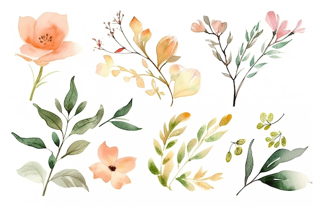 A set of watercolor flowers on a white background