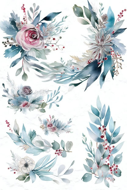A set of watercolor flowers on a white background.