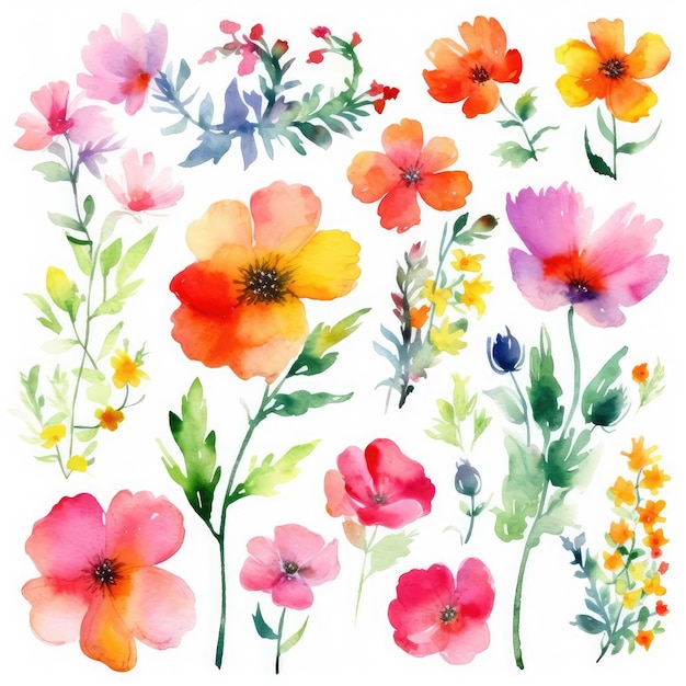 A set of watercolor flowers on a white background.