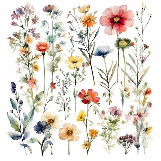Premium AI Image | set of watercolor flowers wild flowers leaves ...