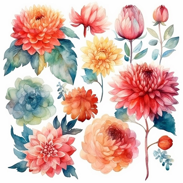 A set of watercolor flowers with a leaf.