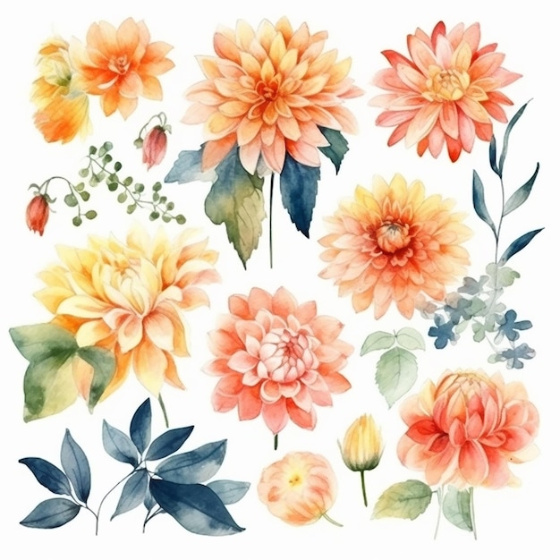 A set of watercolor flowers with leaves and flowers.