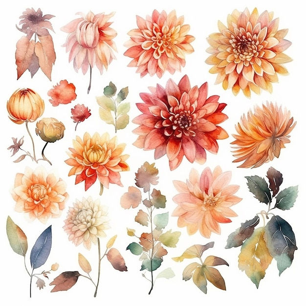 A set of watercolor flowers with leaves.