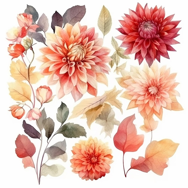 A set of watercolor flowers with leaves