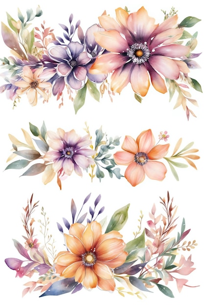 A set of watercolor flowers with the word spring on the bottom.