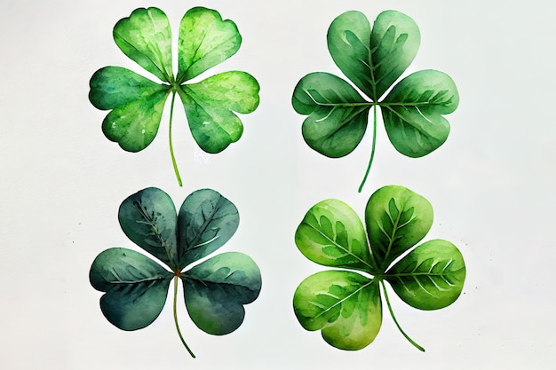 Set of watercolor fourleaf clovers Happy St Patrick39s Day mixed media Vector illustration realistic Generative Ai