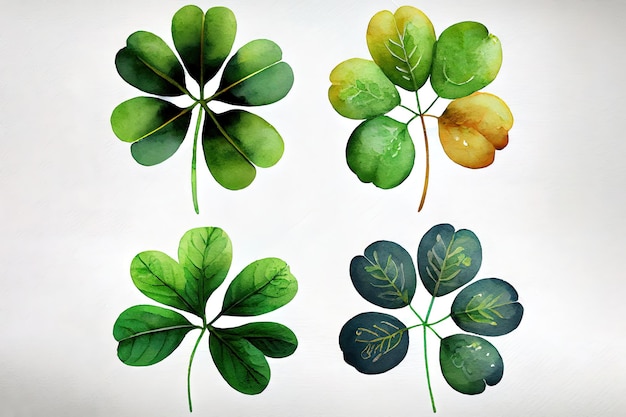 Photo set of watercolor fourleaf clovers happy st patrick39s day mixed media vector illustration realistic generative ai