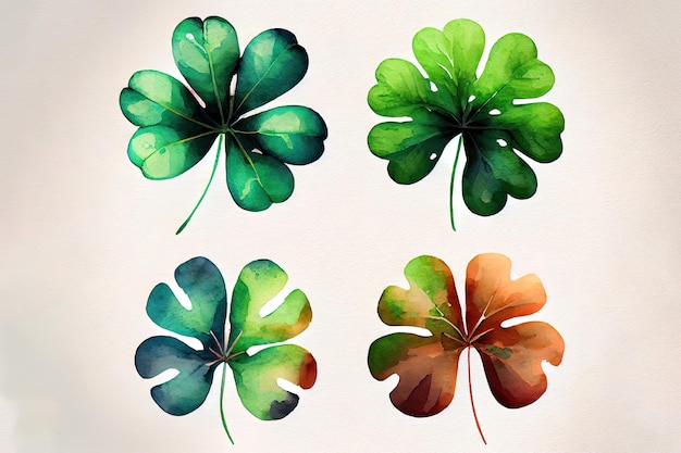 Set of watercolor fourleaf clovers Happy St Patrick39s Day mixed media Vector illustration realistic Generative Ai