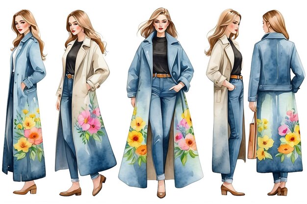 Set of watercolor girl in spring outfit watercolor girl in a coat and jeans maxi skirt with flowers