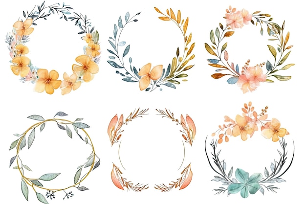 Set of watercolor hand drawn floral round frames Generative AI