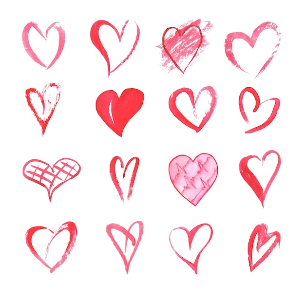 Set of watercolor hand drawn hearts on white surface . Sketch style icons collection