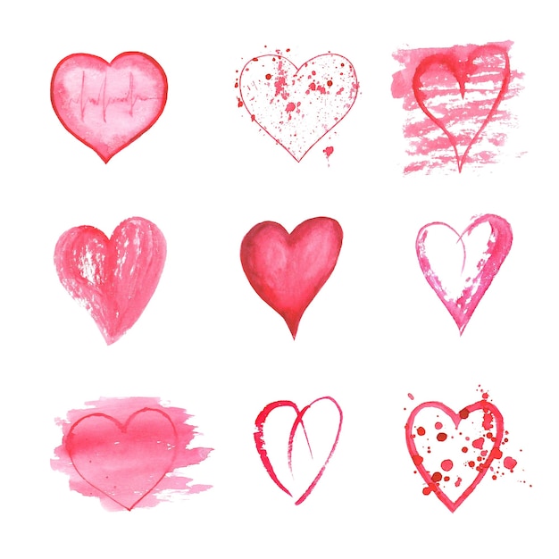 Set of watercolor hand drawn hearts on white surface . Sketch style icons collection